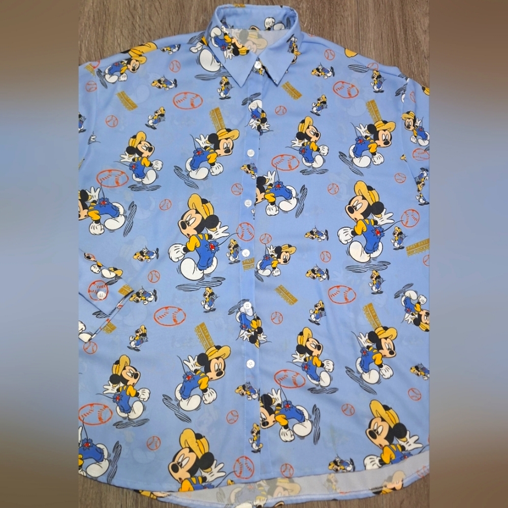 New Mickey Mouse Baseball Button Up Blouse Womans XL